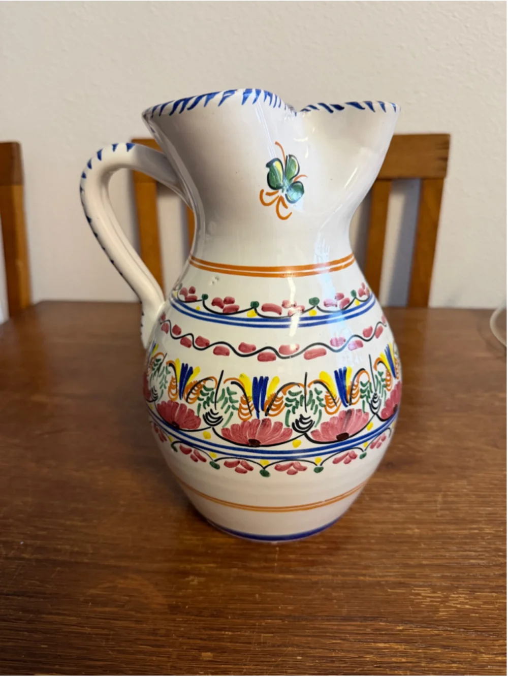 Vintage Puente Hand Painted Spanish Pottery Pitcher Floral Ceramic Jug Signe